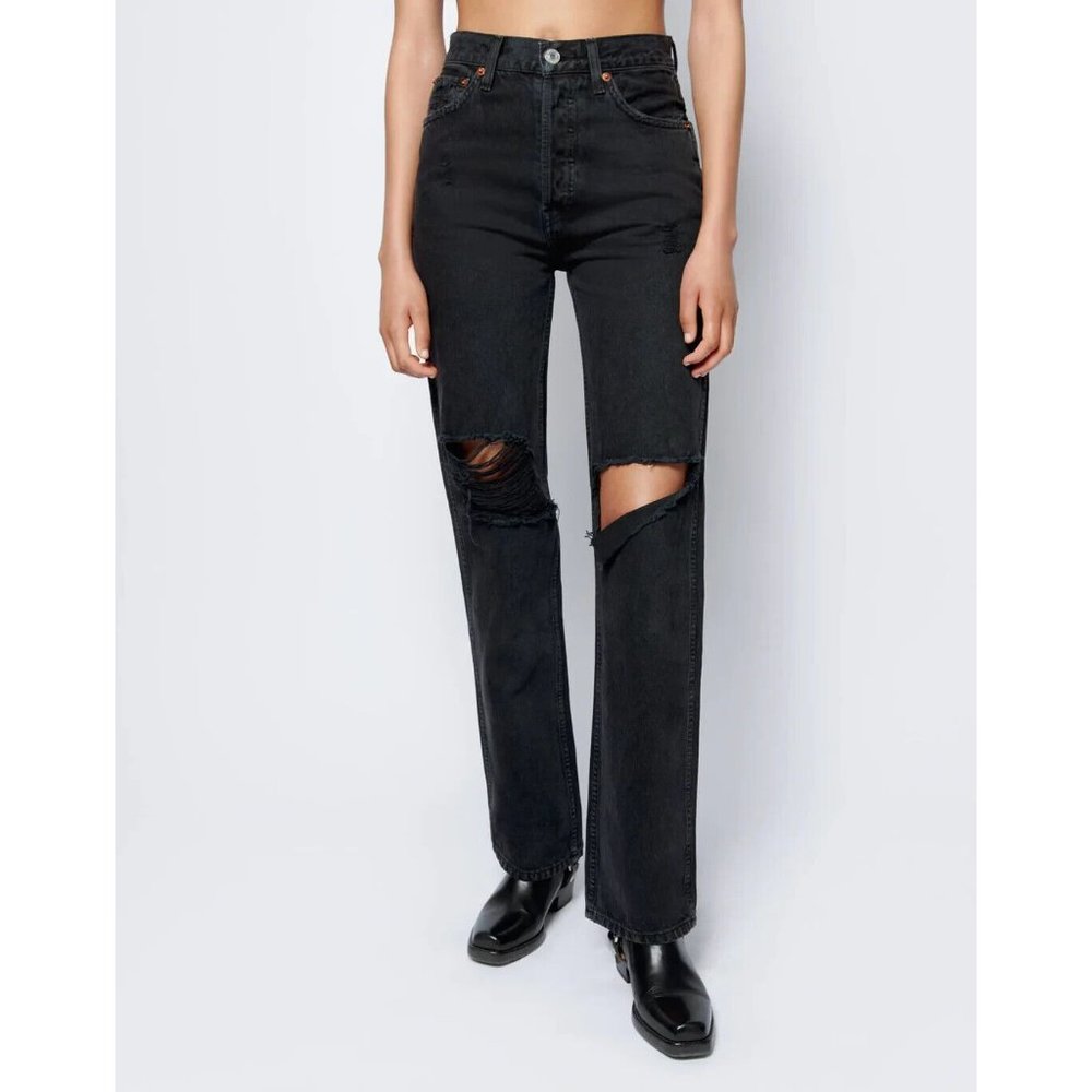 Re/Done High Rise Loose Jeans Washed Black with Rips Redone